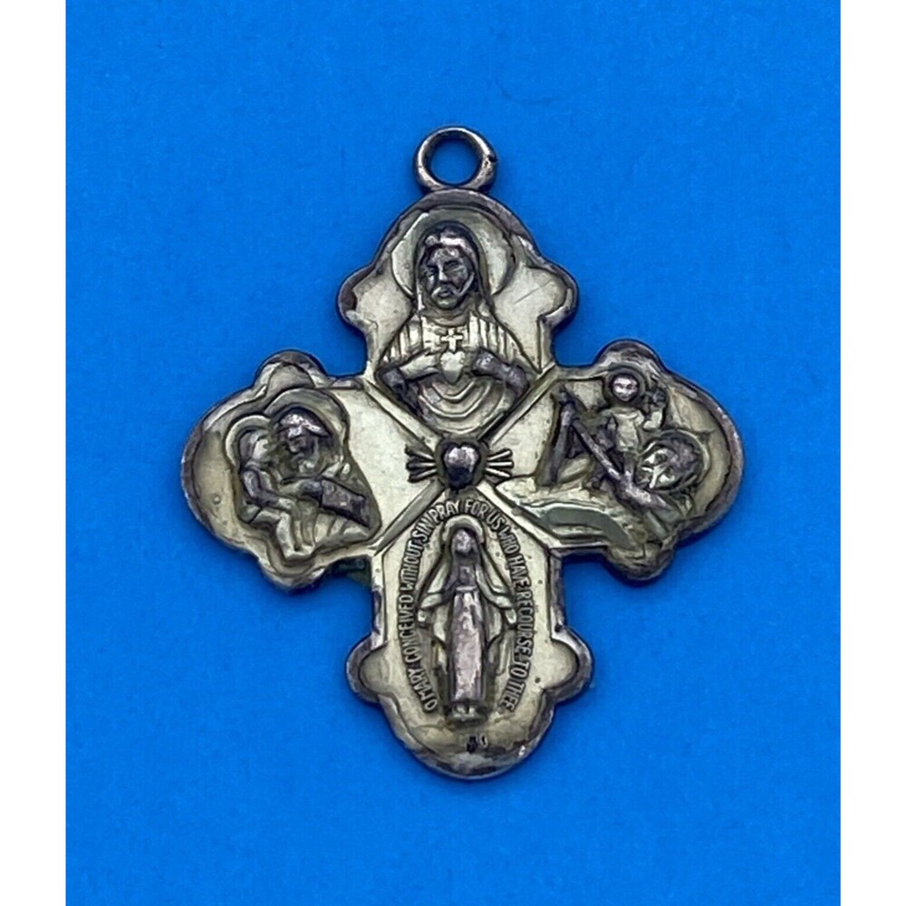 Vintage Catholic PPC Sterling Silver 4 Way Protection Cross Religious Medal